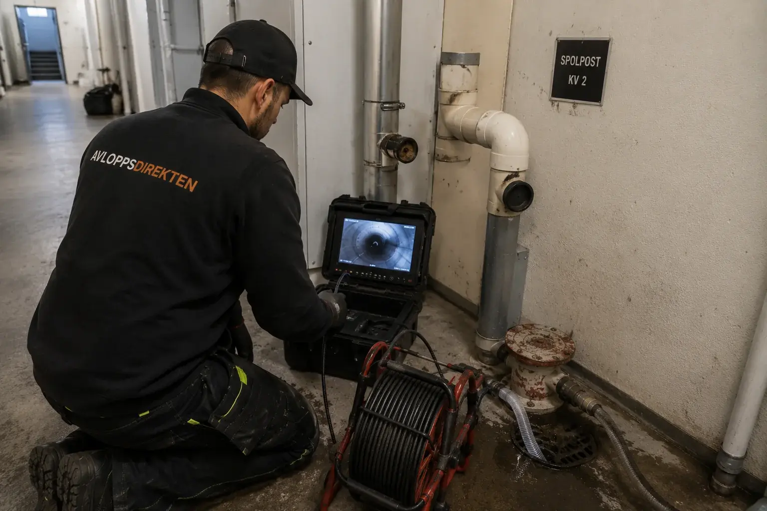 Tekniker som filmar avloppsledningar med kamerautrustning